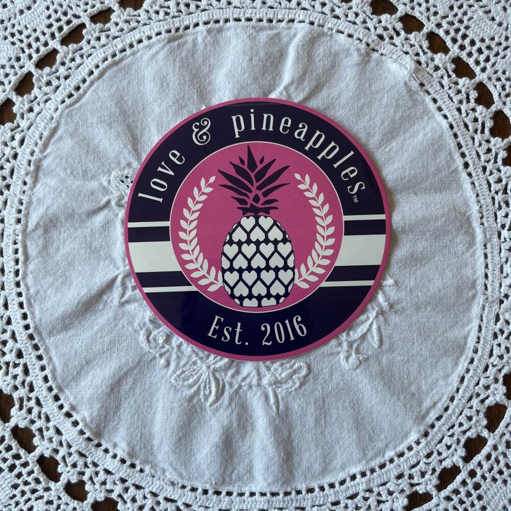 NEW Love & Pineapples hearts & pineapple navy, pink & white decal sticker